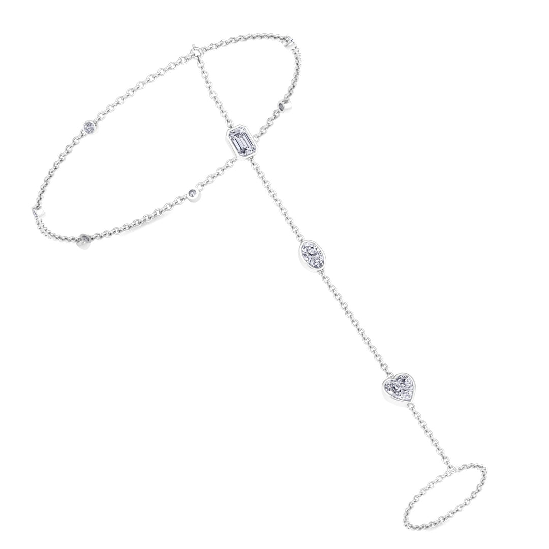 Bezel Set Natural Diamond Hand Ring Chain 14K White Gold 
