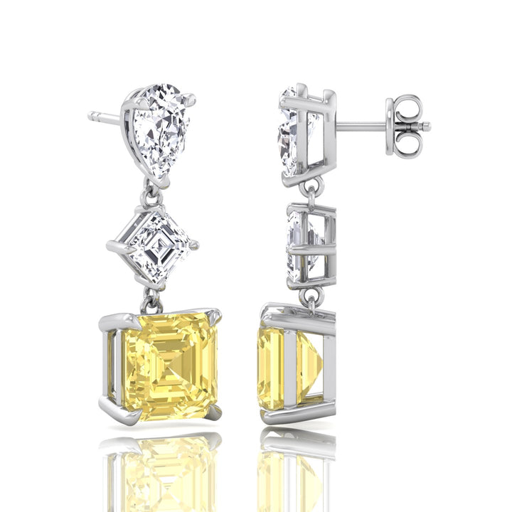 Pear & Asscher Cut Natural Diamond & Fancy Yellow Diamond Drop Earrings