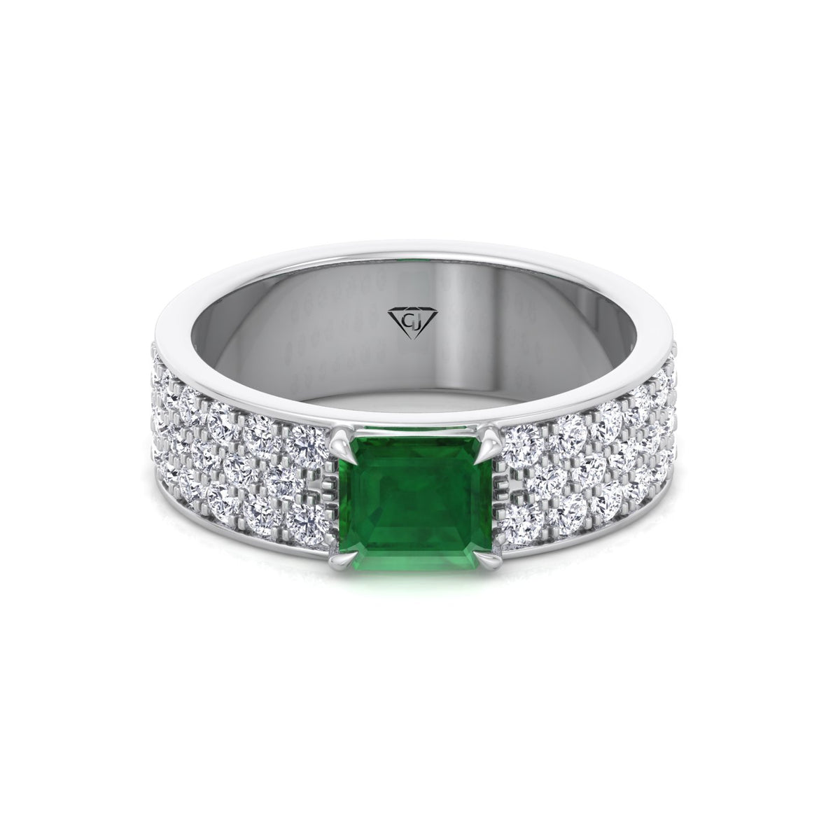 Natural Green Emerald Cushion Cut with Pave Eternity Band WG 5