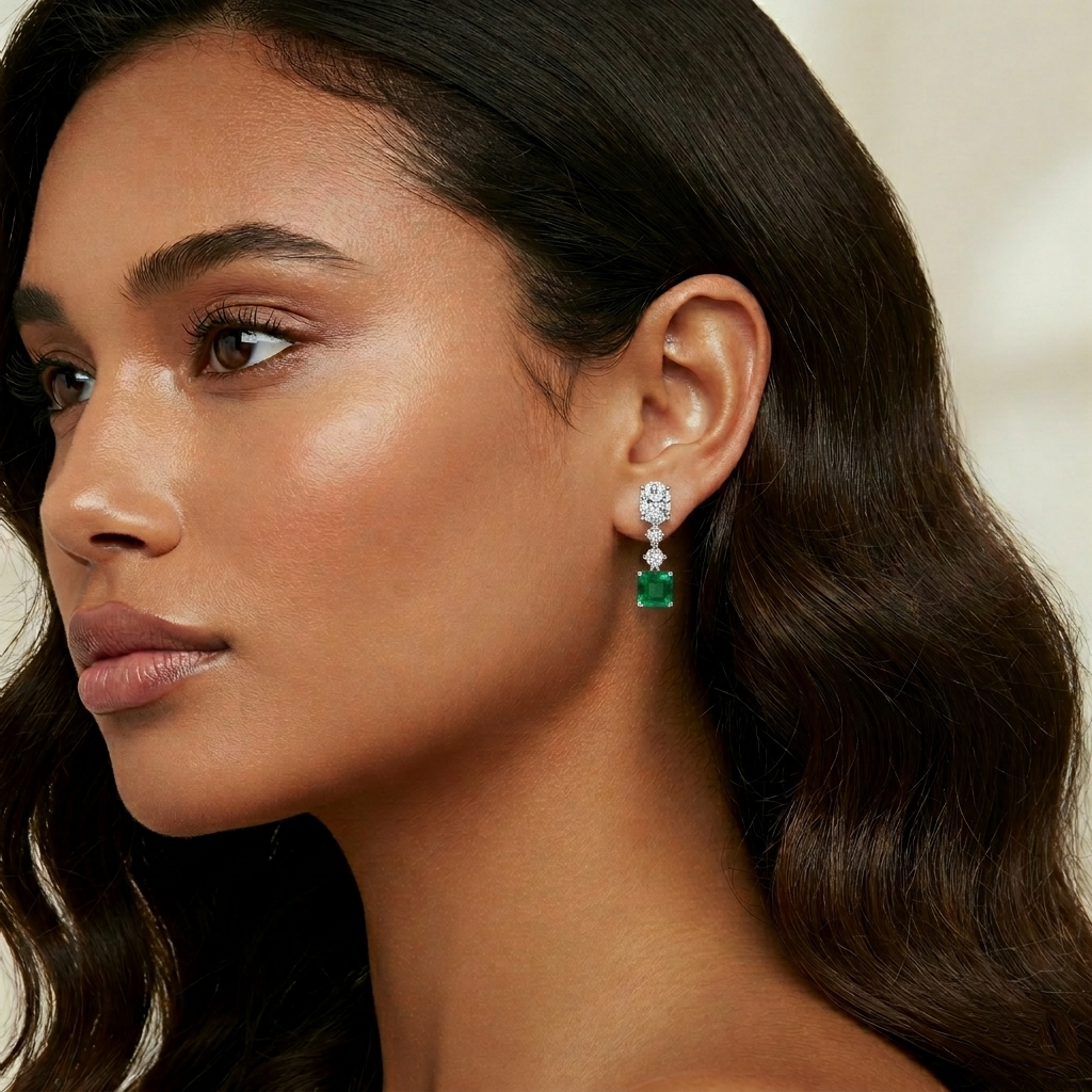 Green Emerald Cushion Cut and Oval & Round Shape Natural Diamond Drop Earrings WG