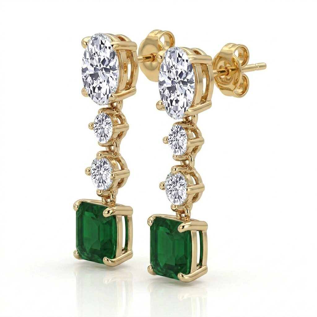 Green Emerald Cushion Cut and Oval & Round Shape Natural Diamond Drop Earrings YG 3