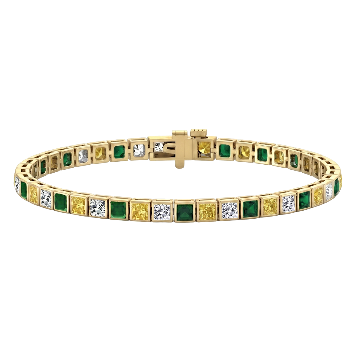Bezel Set Princess Cut Natural Diamond, Green Emerald & Fancy Yellow Diamond Tennis YG