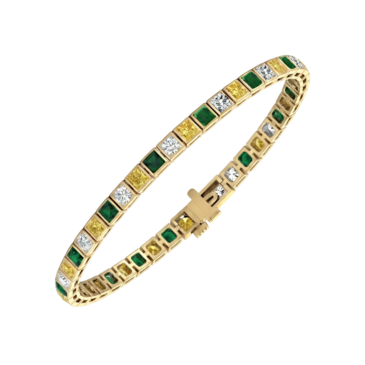 Bezel Set Princess Cut Natural Diamond, Green Emerald & Fancy Yellow Diamond Tennis YG 2