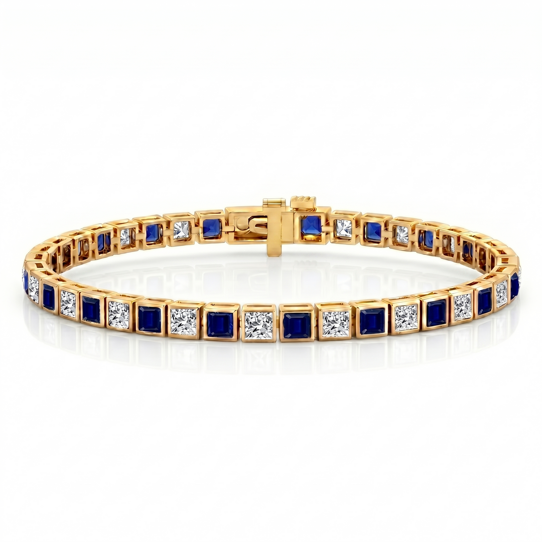 Alternating Princess Cut Blue Sapphire & Natural Diamond Tennis Bracelet YG
