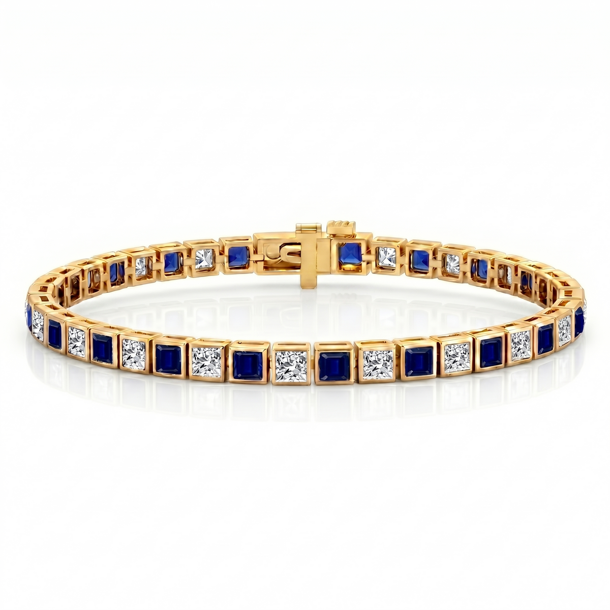 Alternating Princess Cut Blue Sapphire & Natural Diamond Tennis Bracelet YG