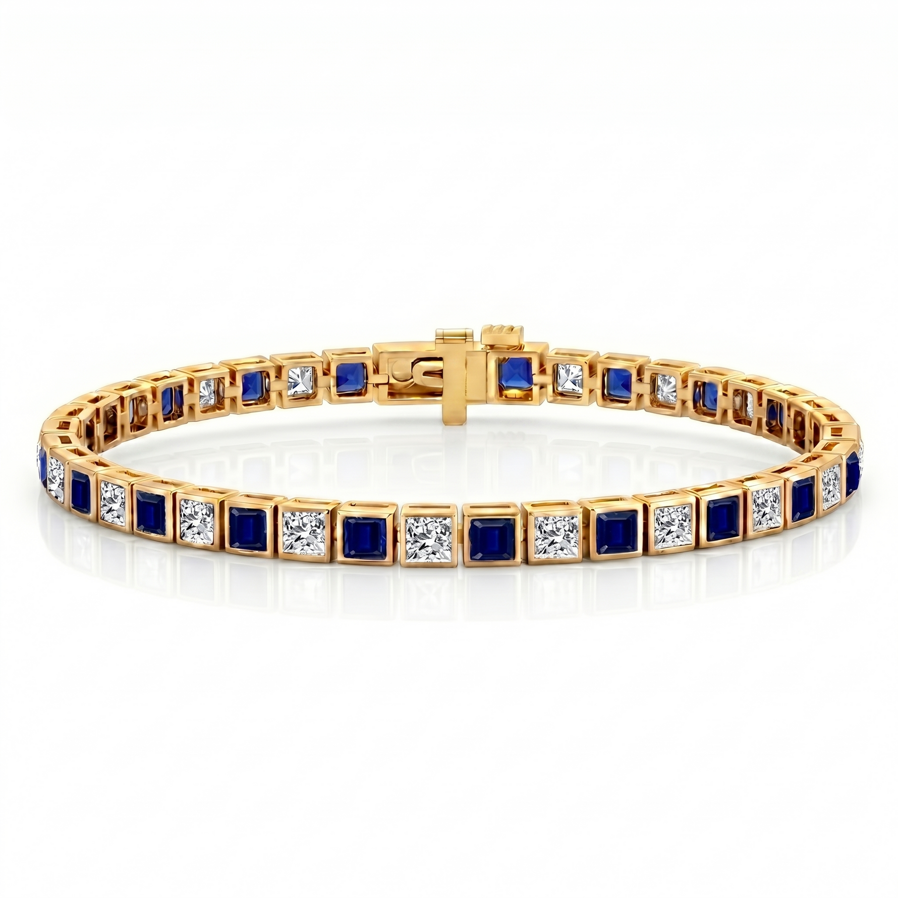 Alternating Princess Cut Blue Sapphire & Natural Diamond Tennis Bracelet YG
