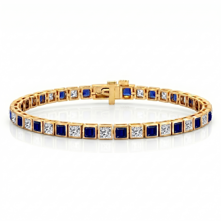 Alternating Princess Cut Blue Sapphire & Natural Diamond Tennis Bracelet YG