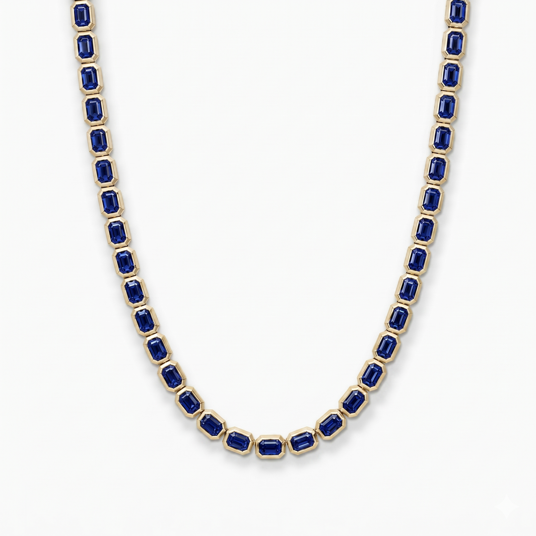 Bezel Set Emerald Shape Natural Blue Sapphire Tennis Necklace YG