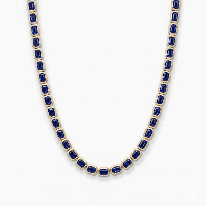 Bezel Set Emerald Shape Natural Blue Sapphire Tennis Necklace YG