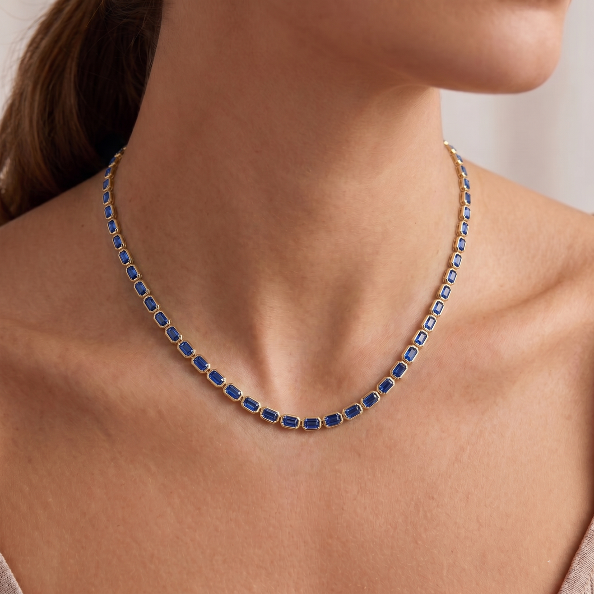 Bezel Set Emerald Shape Natural Blue Sapphire Tennis Necklace lifestyle YG