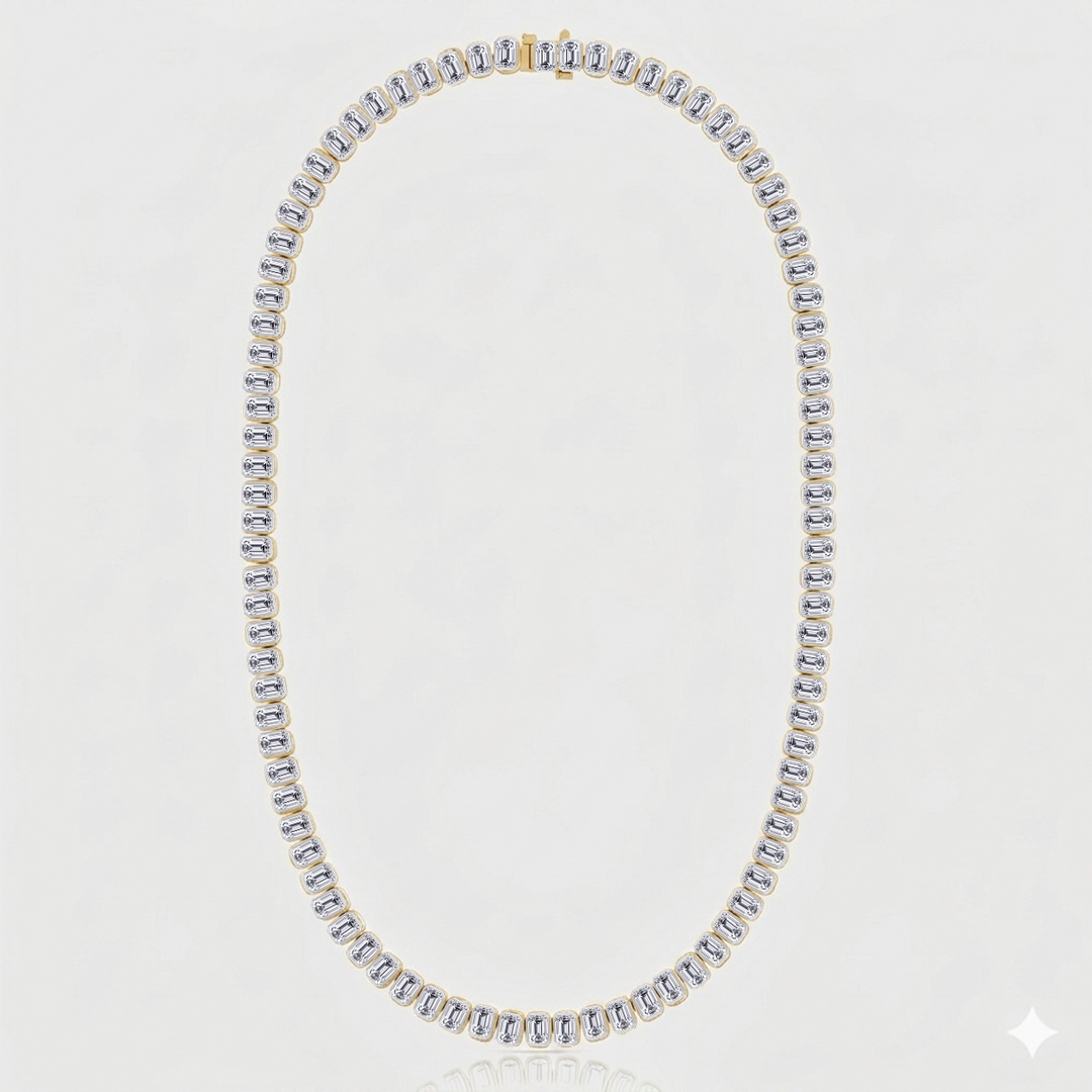 Bezel Set Emerald Shape Natural Diamond Tennis Necklace 18K Solid Gold