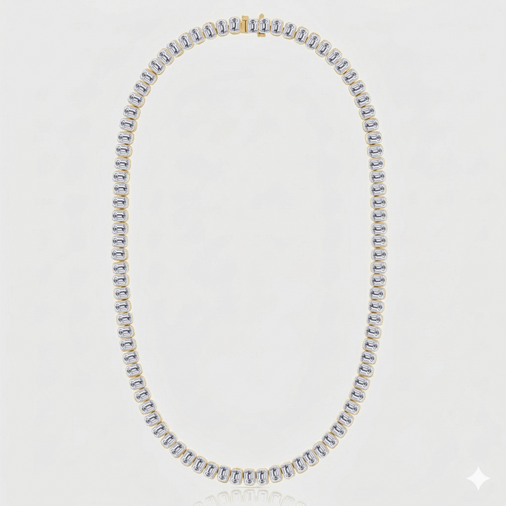 Bezel Set Emerald Shape Natural Diamond Tennis Necklace 18K Solid Gold