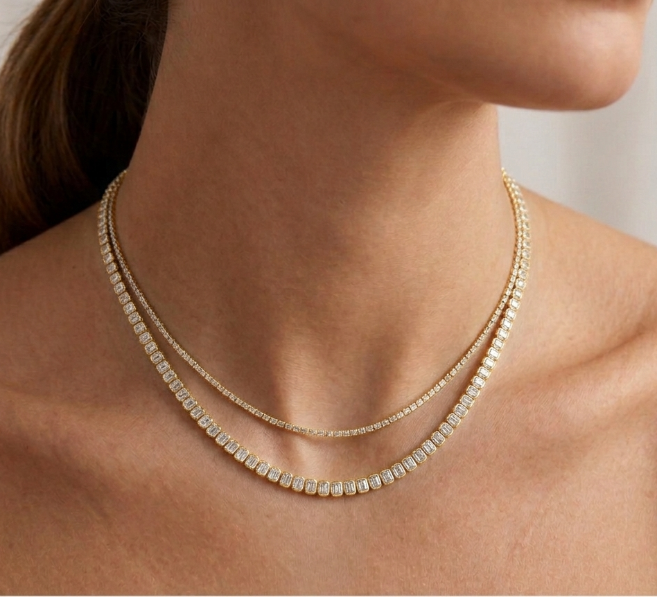 Bezel Set Emerald Shape Natural Diamond Tennis Necklace lifestyle YG