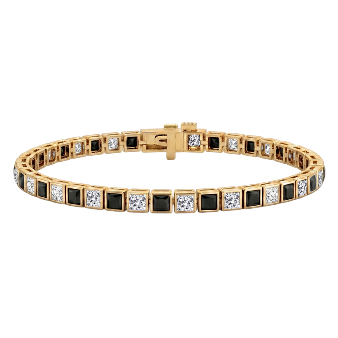 Bezel Set  Princess Cut Natural Black & Natural Diamond Bracelet  YG