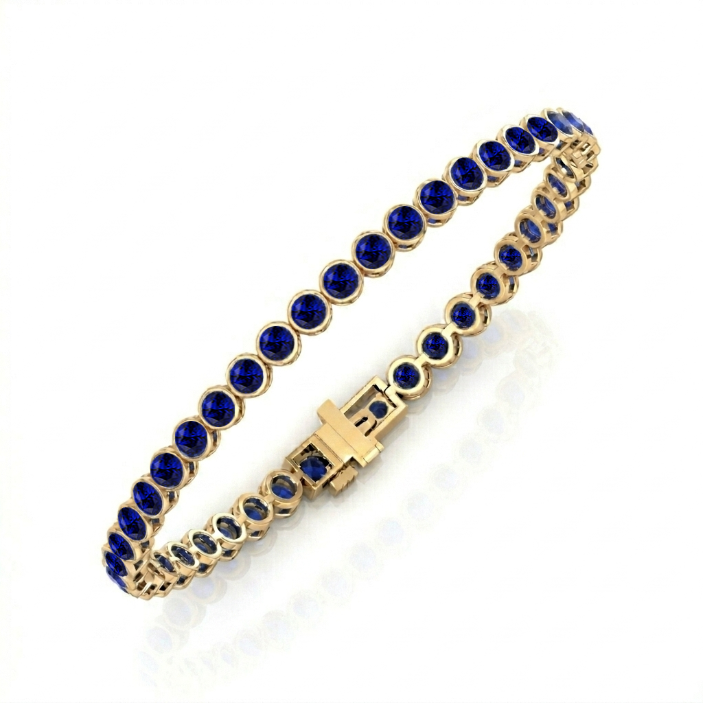 Natural Blue Sapphire Round Bezel Tennis Bracelet YG