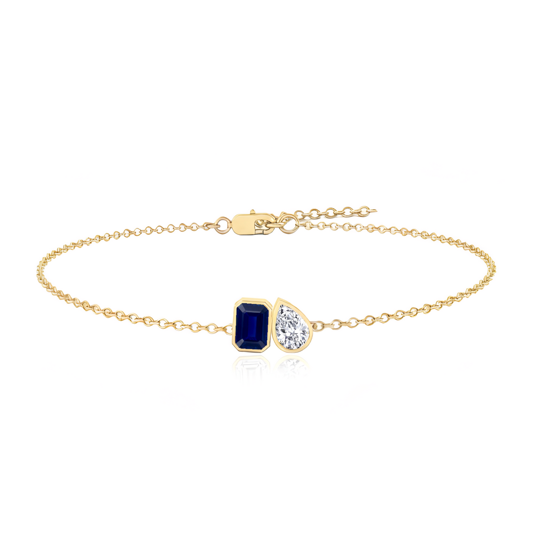 YG Blue Sapphire Emerald & Pear Shape  Diamond Bracelet front view