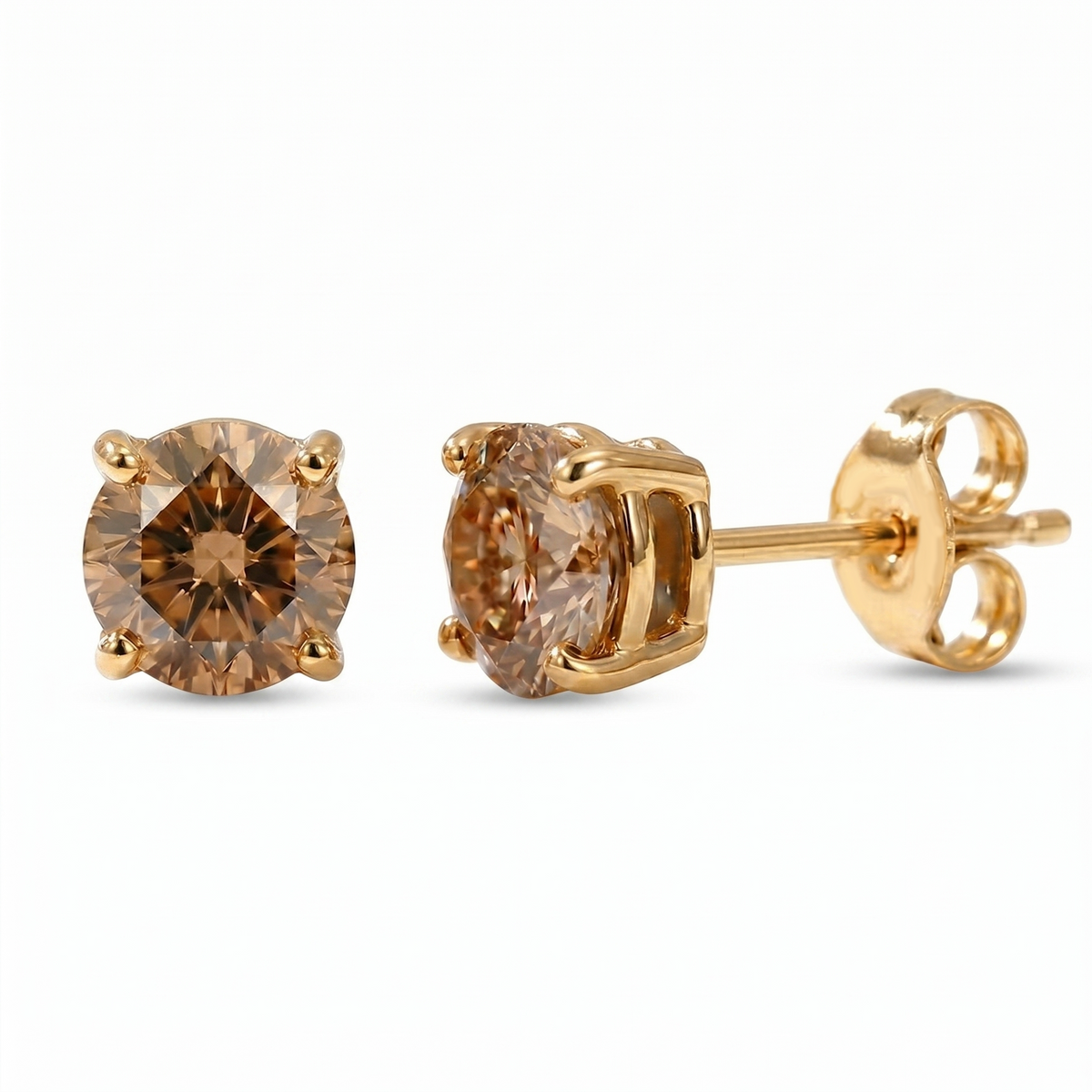 Natural Chocolate Champagne Diamond Round Studs Yellow Gold 14K