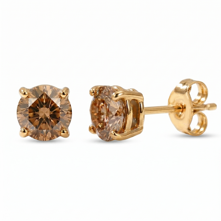 Natural Chocolate Champagne Diamond Round Studs Yellow Gold 14K