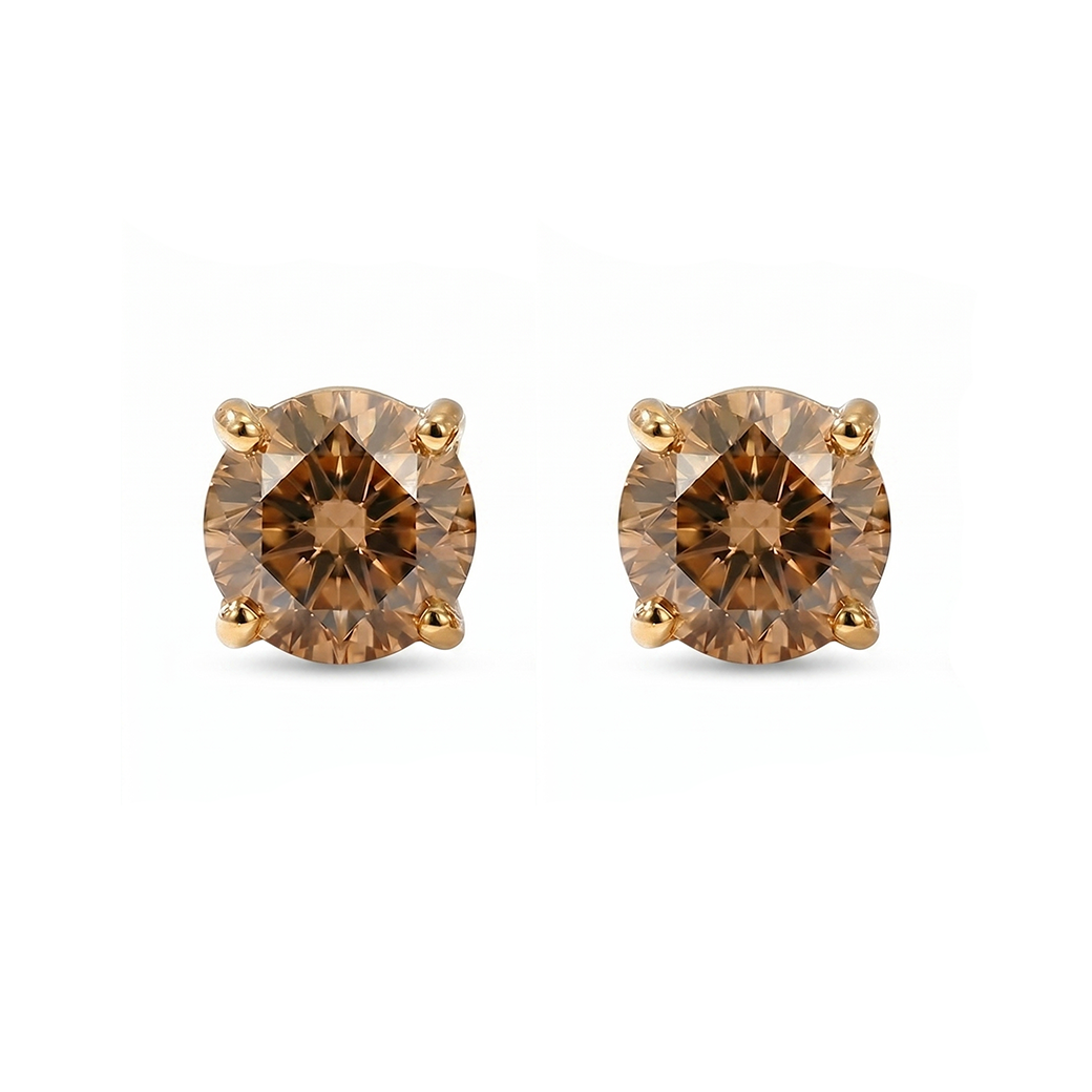 Natural Chocolate Champagne Diamond Round Studs Yellow Gold 18K