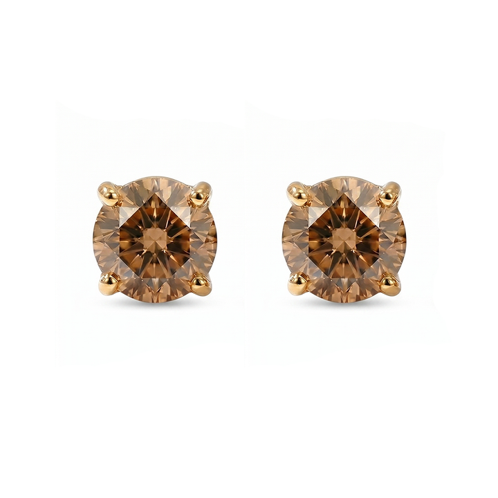 Natural Chocolate Champagne Diamond Round Studs Yellow Gold 18K