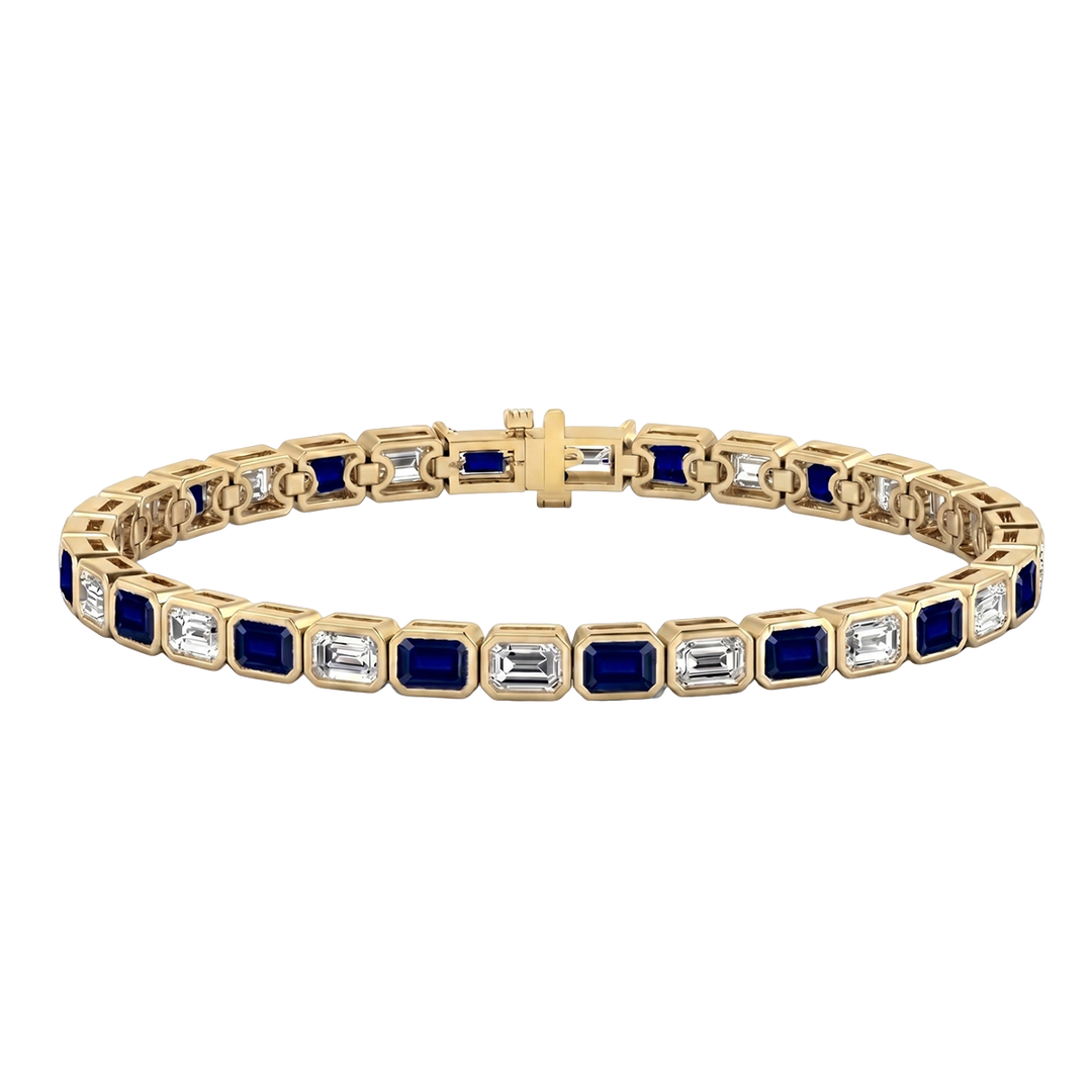 Bezel Set Natural Diamond and Blue Sapphire Tennis Bracelet YG2