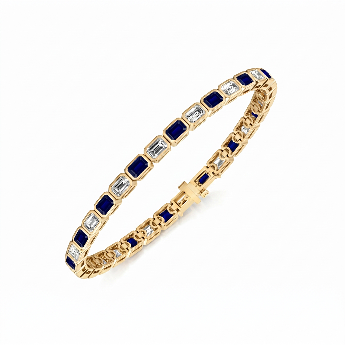 Bezel Set Natural Diamond and Blue Sapphire Tennis Bracelet YG