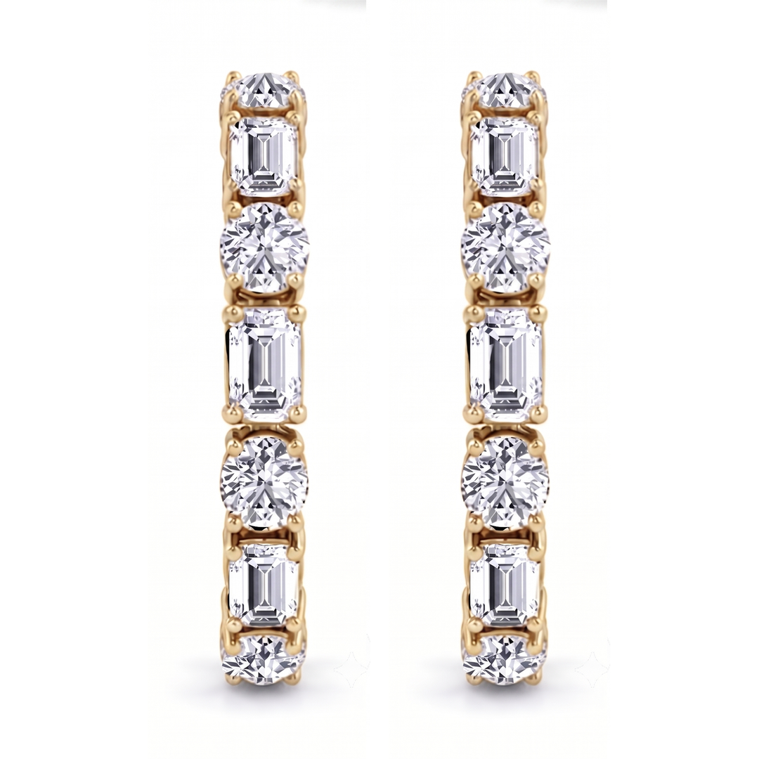 Alternating Emerald Cut and Round Natural Diamond Hoop Earrings YG 2