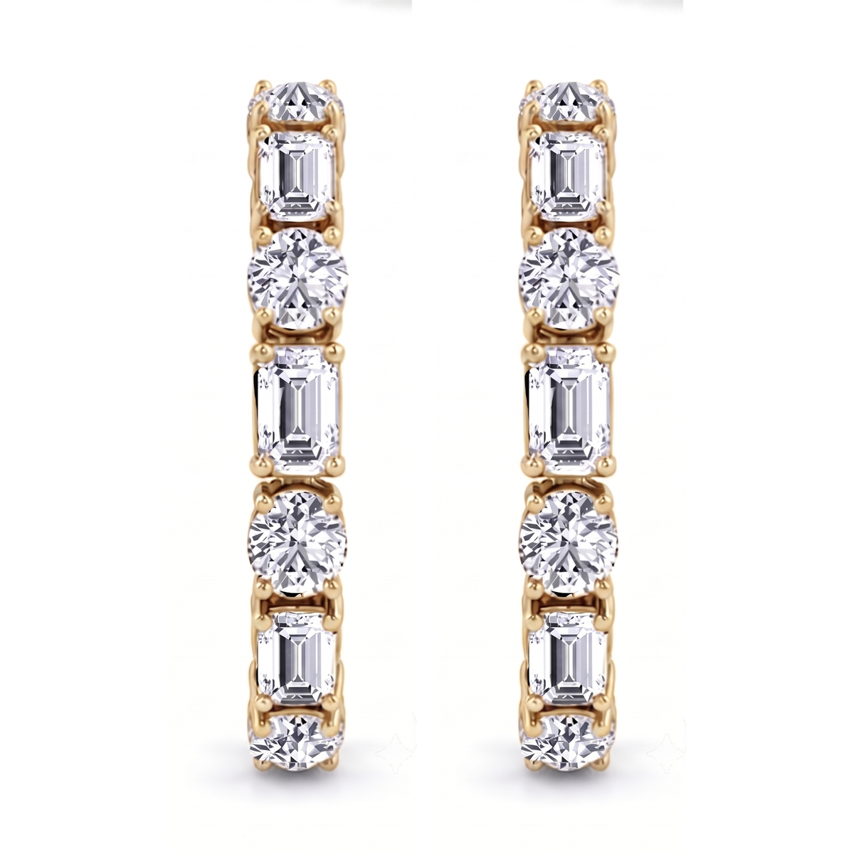 Alternating Emerald Cut and Round Natural Diamond Hoop Earrings YG 2