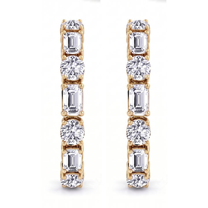 Alternating Emerald Cut and Round Natural Diamond Hoop Earrings YG 2