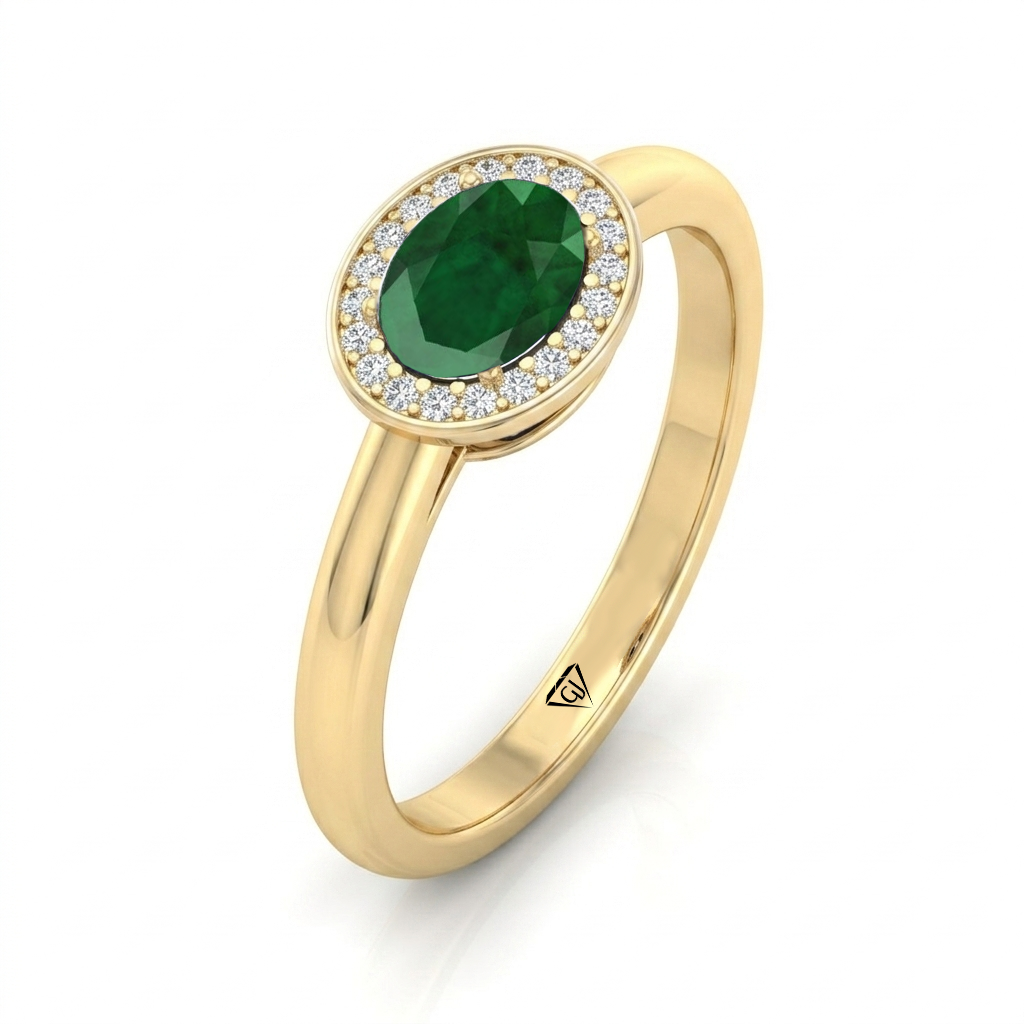 Natural Oval Shape Green Emerald Halo Engagement Ring YG