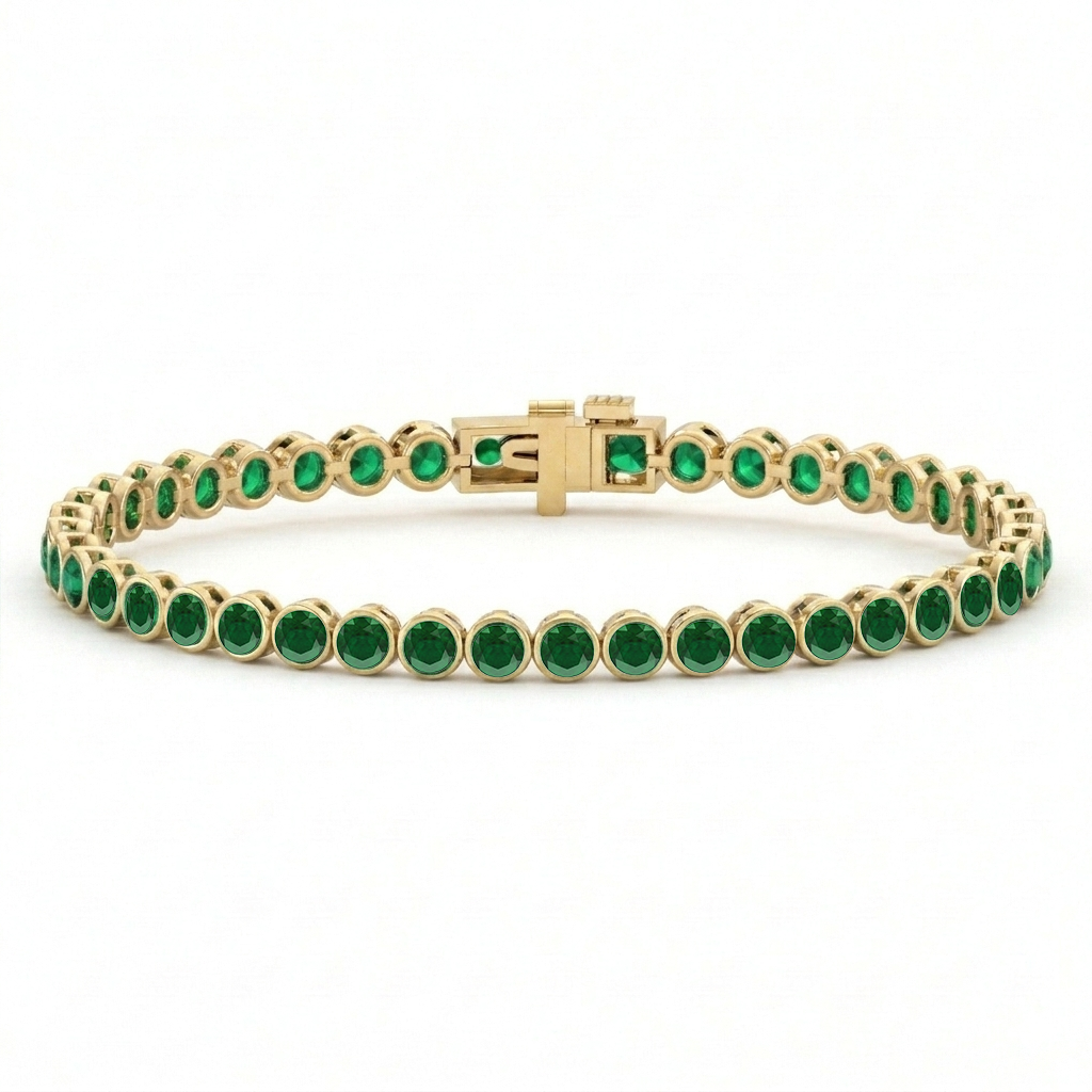Natural Green Emerald Round Bezel Tennis Bracelet YG