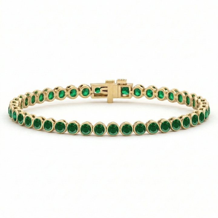 Natural Green Emerald Round Bezel Tennis Bracelet YG