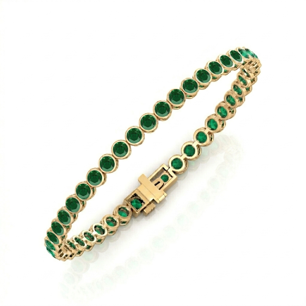 Natural Green Emerald Round Bezel Tennis Bracelet YG 2