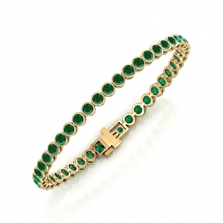 Natural Green Emerald Round Bezel Tennis Bracelet YG 2