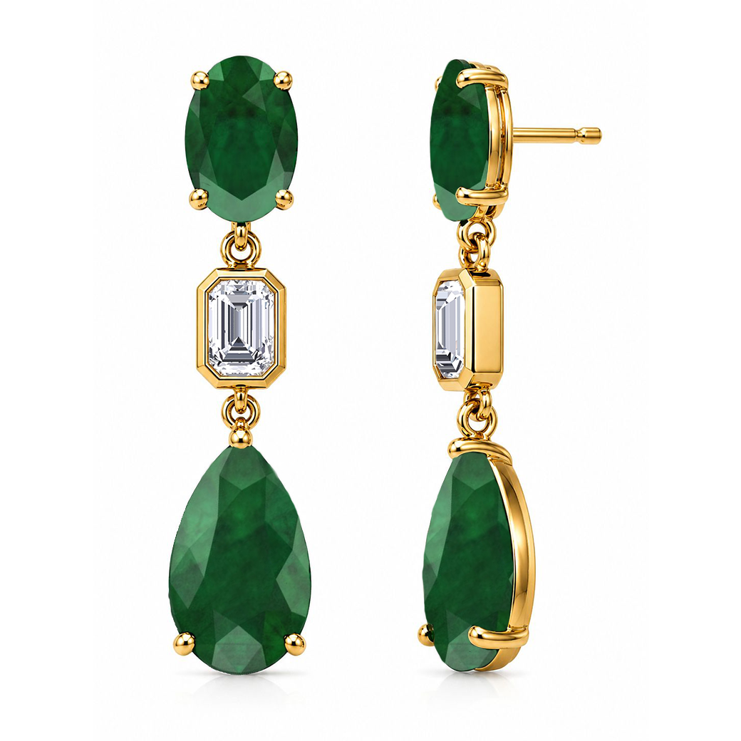 12CT Natural Oval & Pear Shape Green Emerald with Emerald Cut Diamond Drop Earrings