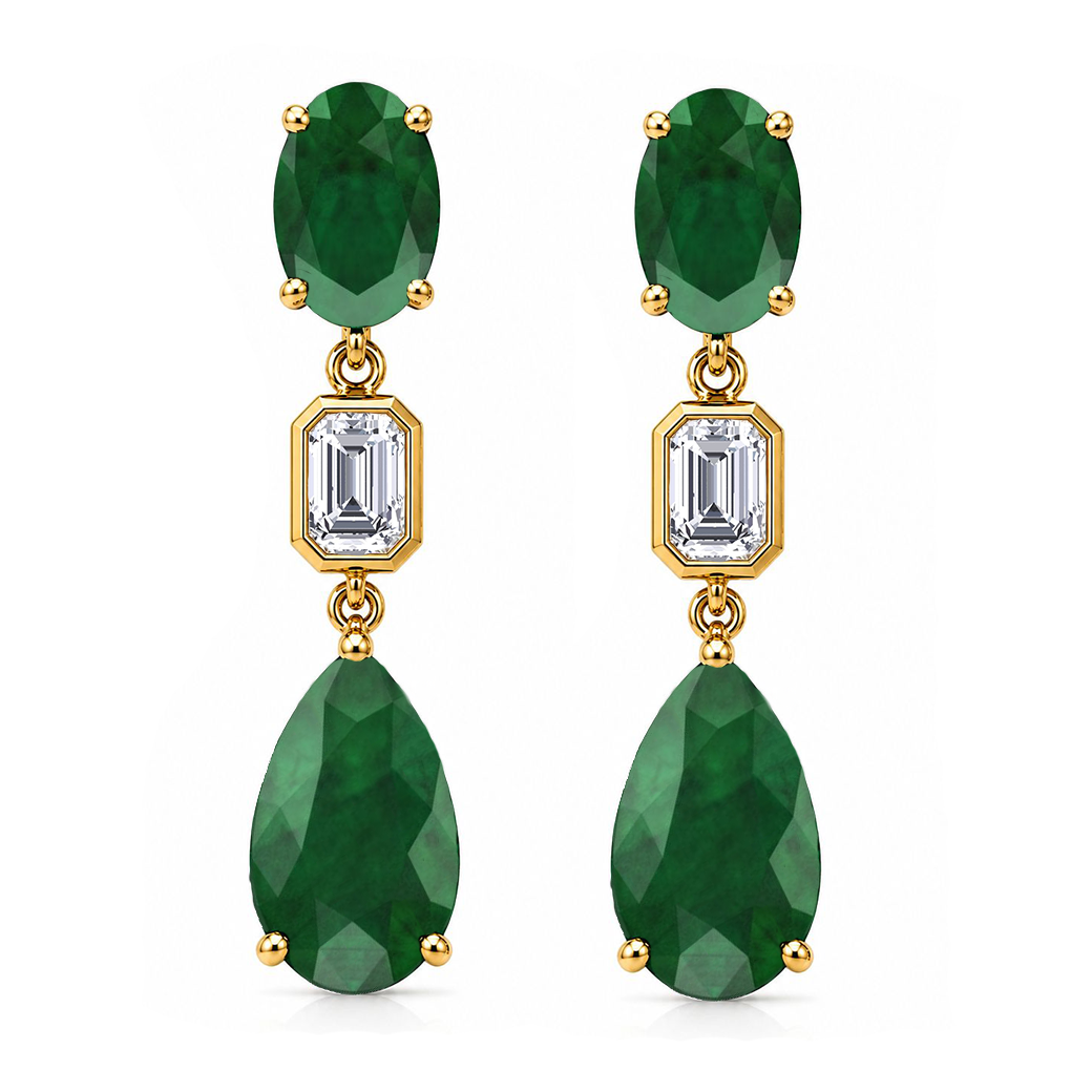 12CT Natural Oval & Pear Shape Green Emerald with Emerald Cut Diamond Drop Earrings