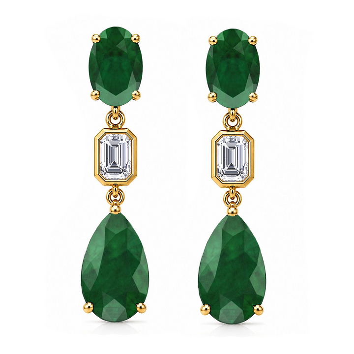 12CT Natural Oval & Pear Shape Green Emerald with Emerald Cut Diamond Drop Earrings