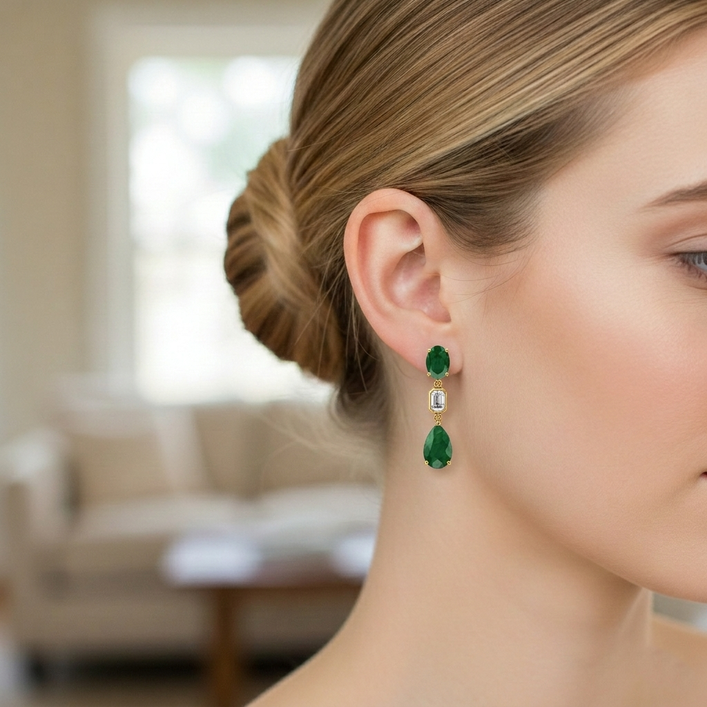 12CT Natural Oval & Pear Shape Green Emerald with Emerald Cut Diamond Drop Earrings