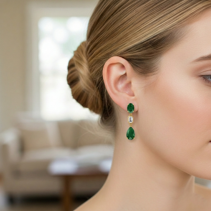 12CT Natural Oval & Pear Shape Green Emerald with Emerald Cut Diamond Drop Earrings