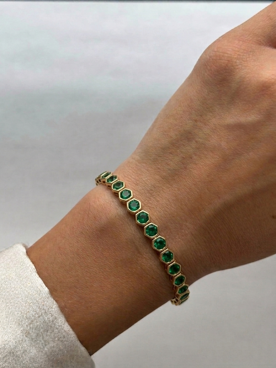 Bezel Set Natural Green Emerald Honeycomb Tennis Bracelet lifestyle YG