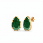 Bezel Set Natural Green Emerald Pear Shape Diamond Studs YG