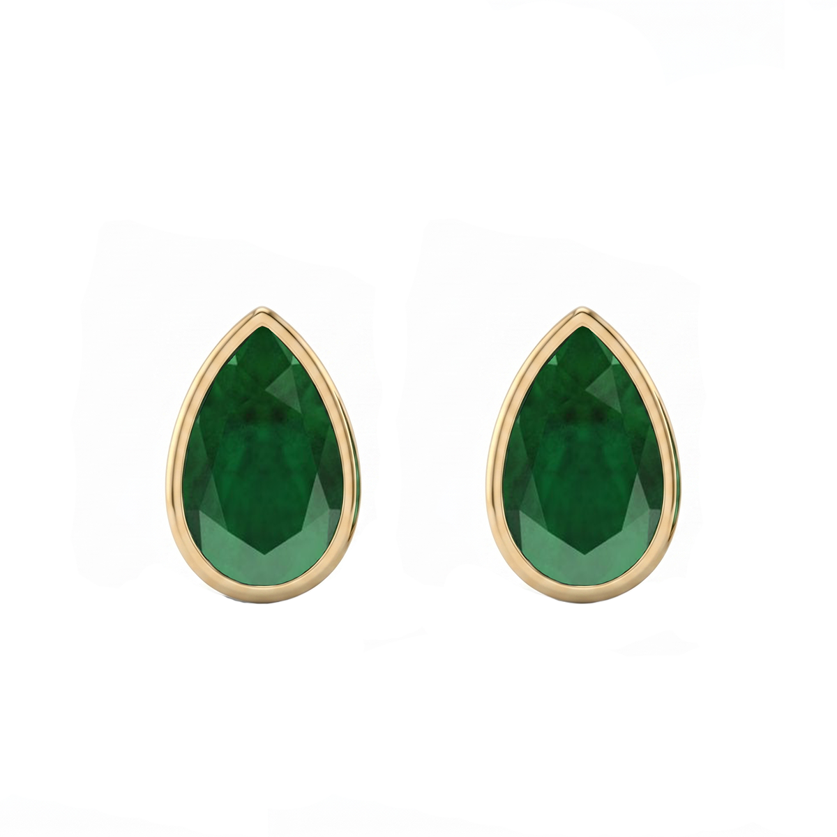 Bezel Set Natural Green Emerald Pear Shape Diamond Studs YG 