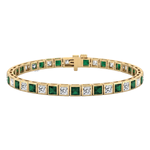 Bezel Set Princess Cut Natural Green Emerald & Natural Diamond Bracelet YG