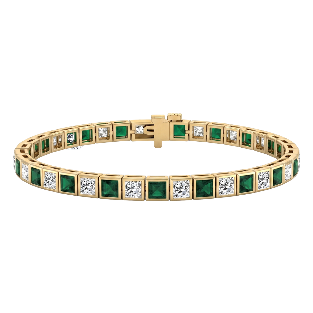 Bezel Set Princess Cut Natural Green Emerald & Natural Diamond Bracelet YG