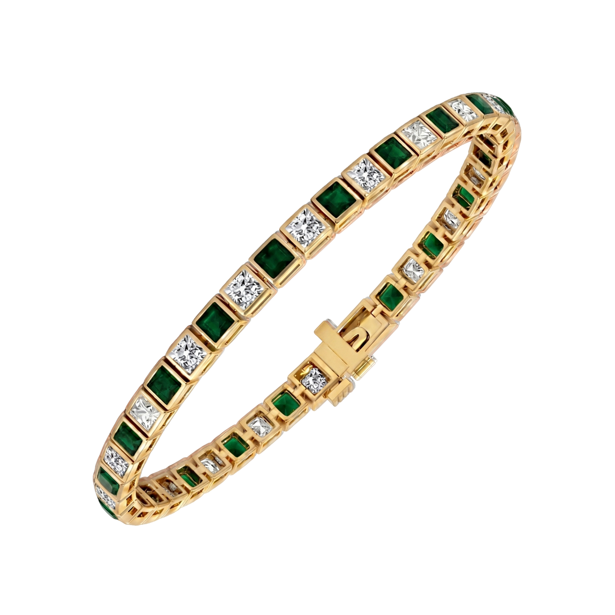 Bezel Set Princess Cut Natural Green Emerald & Natural Diamond Bracelet YG2