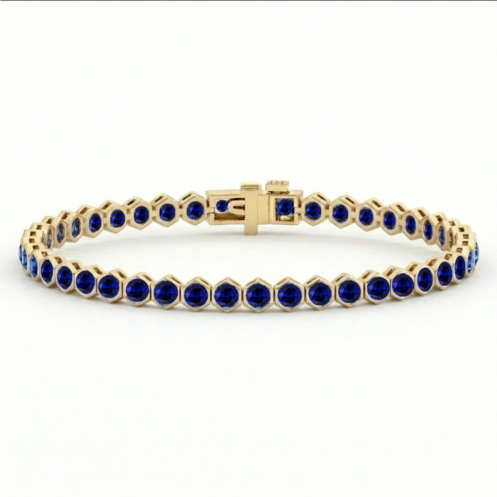 Bezel Set Natural Blue Sapphire Honeycomb Tennis Bracelet 14K YG