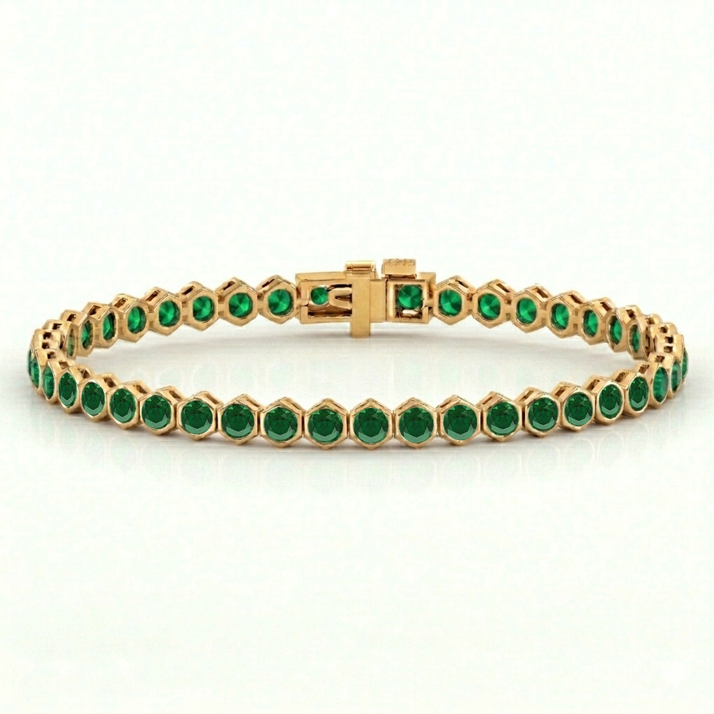 Bezel Set Natural Green Emerald Honeycomb Tennis Bracelet YG