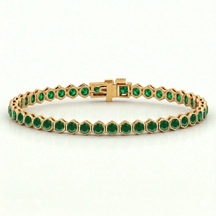 Bezel Set Natural Green Emerald Honeycomb Tennis Bracelet YG
