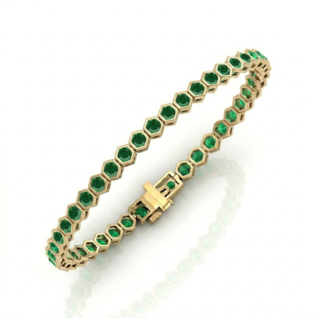 Bezel Set Natural Green Emerald Honeycomb Tennis Bracelet YG 2
