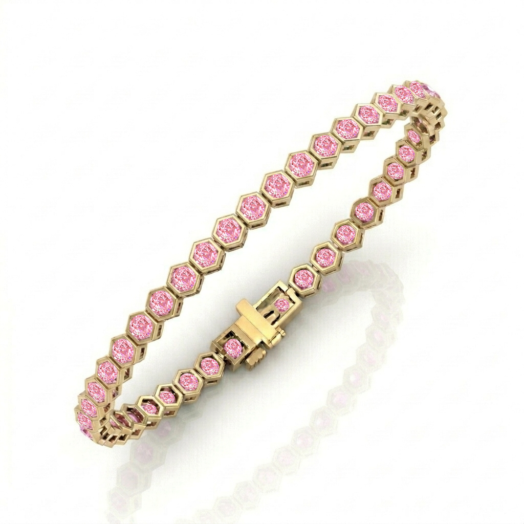 Bezel Set Natural Pink Sapphire Honeycomb Tennis Bracelet YG2